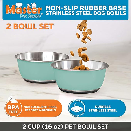 Master Pet Supply Stainless Steel Dog Bowls Set of 2 (16 Oz Each) with Non-Slip Rubber Base - Aqua Sky - Basic Dog Food Bowl Water & Food Bowls for Small Medium Large Dogs & Cats, Metal Dish