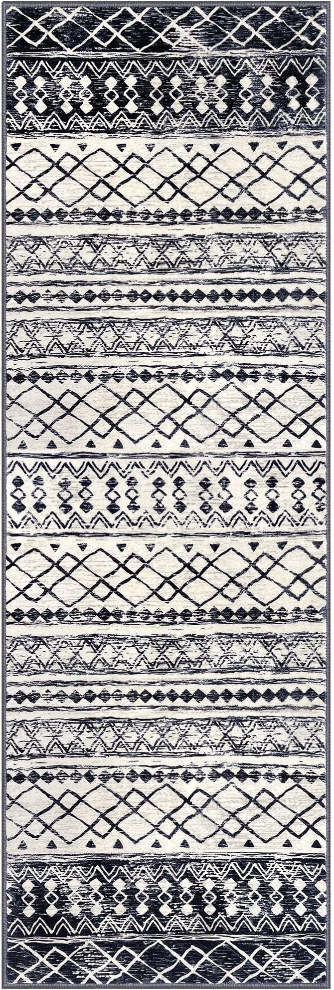 KUTA Moroccan Washable Runner Rug 2.6x8, Non-Slip Vintage Black Navy Blue Boho Hallway Runners Rugs Ultra Soft Print Distressed Geometric Floor Carpet for Bedroom Laundry Living Room