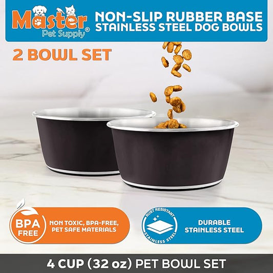 Master Pet Supply Stainless Steel Dog Bowls Set of 2 (32 Oz Each) with Non-Slip Rubber Base - Black Velvet - Basic Dog Food Bowl Water & Food Bowls for Small Medium Large Dogs & Cats, Metal Dish