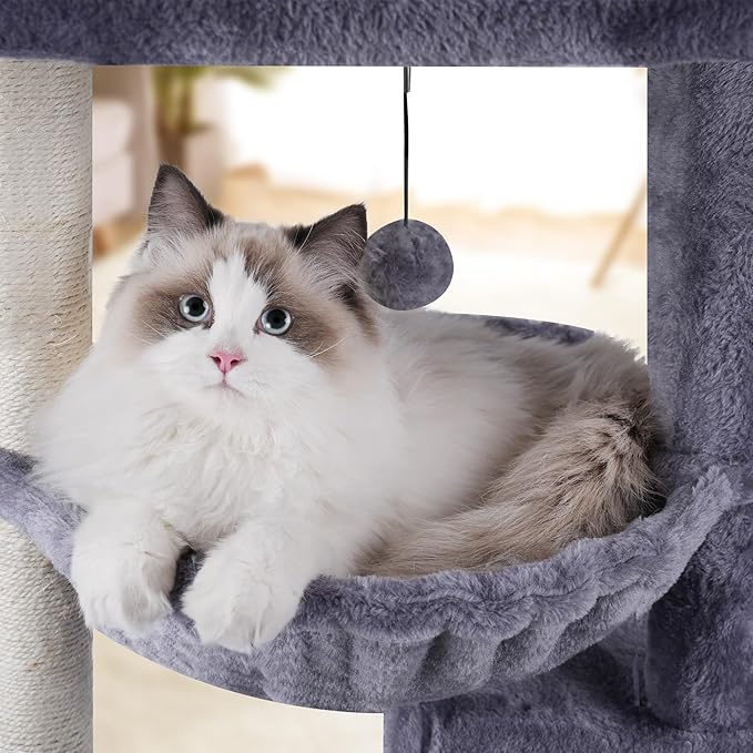 AIWIKIDE 37.4" Cat Tree Tower with Twin Cat Condos for Indoor Cats, All-in-One Activity Center with Cat Scratching Post Cozy Sleeping Perch Hammock and Toy Balls,Grey