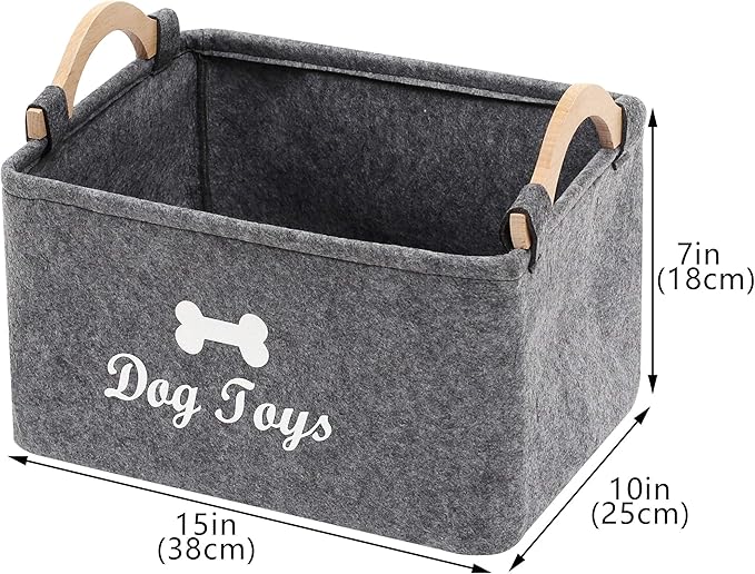 Geyecete Dog Toys Storage Bins - with Wooden Handle, Collapsible Pet Supplies Storage Basket Pet Supplies Storage Basket/Bin Kids Toy Chest Storage Trunk (Grey)