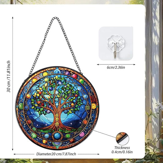 Tree of Life Stained Glass Window Hanging Gifts, 7.8″ Sun Catchers for Indoor Window Decor, Decorative Sun Catchers Home Wall Art Gift for Thanksgiving Christmas Housewarming