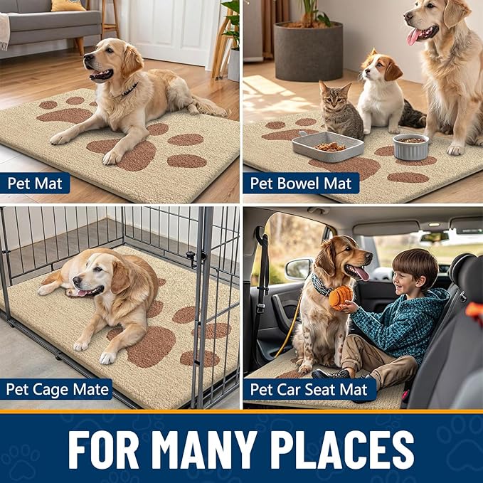 Smiry Dog Door Mat for Muddy Paws, Absorbs Moisture and Dirt, Low-Profile Entryway Mat with Non-Slip Backing, Entry Indoor Outdoor Doormat for Inside Floor (47x24 Inches, Light Beige, Paw)