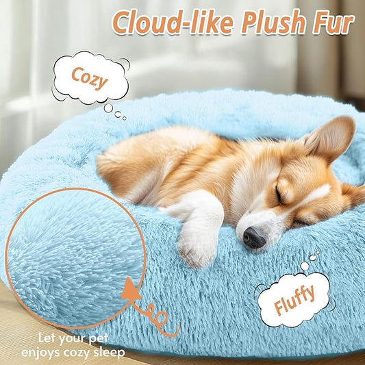 JOLLYVOGUE Calming Dog Beds Large Sized Dog, 36in Donut Washable Large Pet Bed, Anti-Slip & Anti-Anxiety Fluffy Faux Fur Round Dogs Bed, Fits up to 80 lbs Pets (Light Blue)
