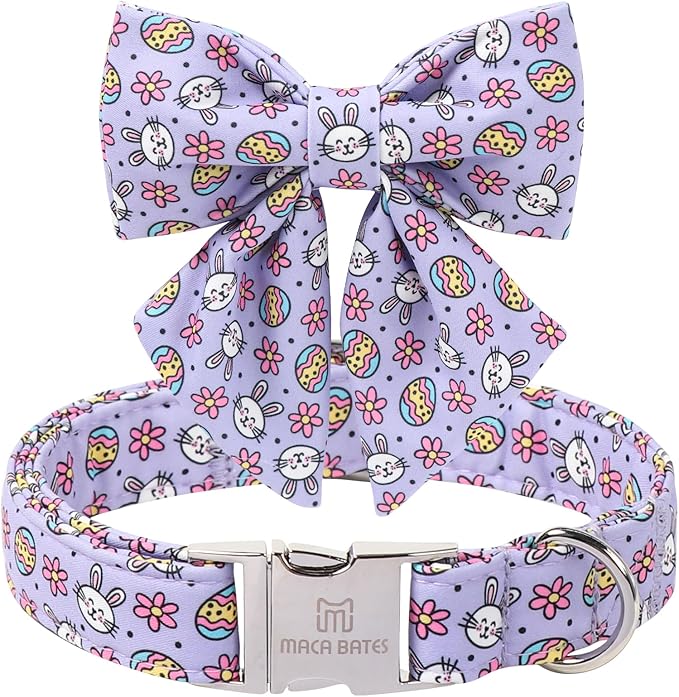 Maca Bates Easter Day Egg Dog Collar with Sailor Bow Tie for Extra Small Girl Boy Dogs, Purple Cute Bunny Rabbit Pattern,Adjustable Durable Soft Breakaway Collars for Male Female Puppy