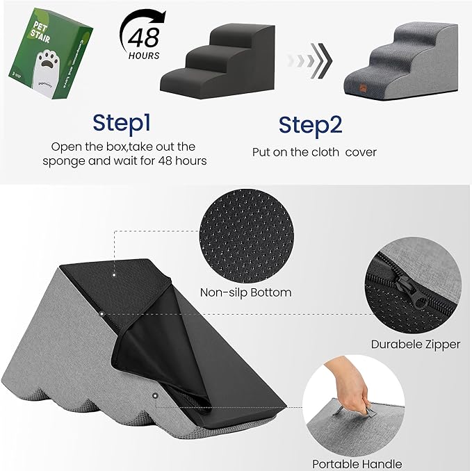 GoGoBunny Ramp Dog Stairs for High Beds 24.4" H, 5-Step Extra Wide Dog Slope Stairs with Durable Waterproof Fabric Cover, Pet Steps for Old Large Dogs Climbing, Non-Slip Sturdy Indoor Step, Grey