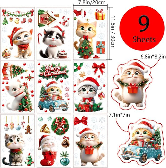 Christmas Window Clings Cat Stickers for Window Glass, 9 Sheets Xmas Decorations Christmas Cat Tree Bells Decals for Holiday Party(Cat2340)