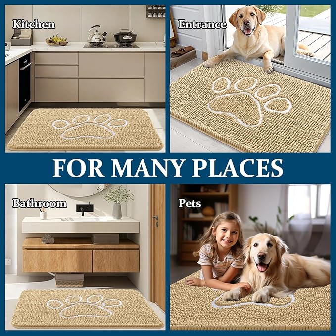 OLANLY Dog Door Mat for Muddy Paws 47x20, Paw Print Design, Absorbs Moisture and Dirt, Absorbent Non-Slip Washable Doormat, Quick Dry Chenille Mud Mat for Dogs, Entry Indoor Entryway Carpet, Beige