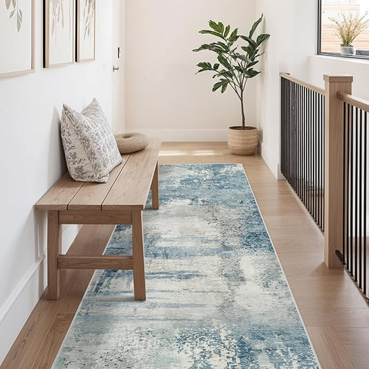 8 Foot Runner Rug: Washable Non-Slip Abstract Carpet for Kitchen Entryway Bedroom - Soft Stain Resistant Easy Clean Mat for Family with Pets 2.6x8 Blue