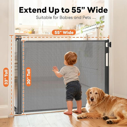 Retractable Baby Gates for Doorways, Mesh Dog Gate for Stairs, Pet Gate Indoor, Extends to 55" Wide 33" Tall, Safety Toddlers Gates for Hallways, Indoor & Outdoor Use, Gray