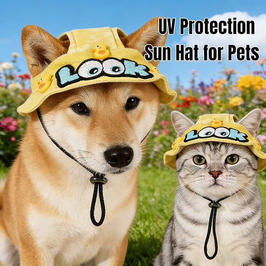 Dog Bucket hat,cat hat, Bucket hat for Dogs with Ear Holes, Bucket hat for Dogs,Hats for Cats,Cat Sun hat Keep Your Pets Sun-Protected, Cool, Stylish and Beautiful. (Yellow&Pattern, M)