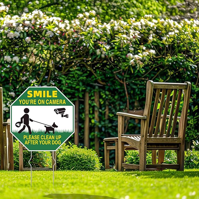 Clean UP After Your Dog Signs, 4-Pack 10"x10" Double-Sided Metal Stakes Smile Your on Camera Signs, Pick Up After Your Dog Sign for Yard