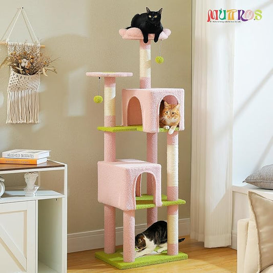 MUTTROS Flower Cat Tree, 62-Inch Large Cat Tower for Multi-Cat Households w/Scratching Posts, Multi-Level Cat Condo w/Cozy Top Perch & Scratching Pad, Padded Platform, 2 Pompoms, Pink