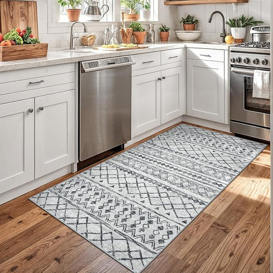 KUTA 3x5 Entryway Rug, Grey Non-Slip Washable Low-Pile Boho Moroccan Living Room Area Rug, Ultra Soft Distressed Geometric Print Throw Carpet for Entrance, Bedroom, Nursery, Dorm, Kitchen