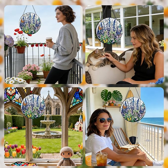 Stained Glass Window Hanging, 7.8″ Flower Sun Catchers with Hook Indoor Window Decor, Decorative Suncatchers Hanging Ornaments Home Garden Art Gift for Housewarming