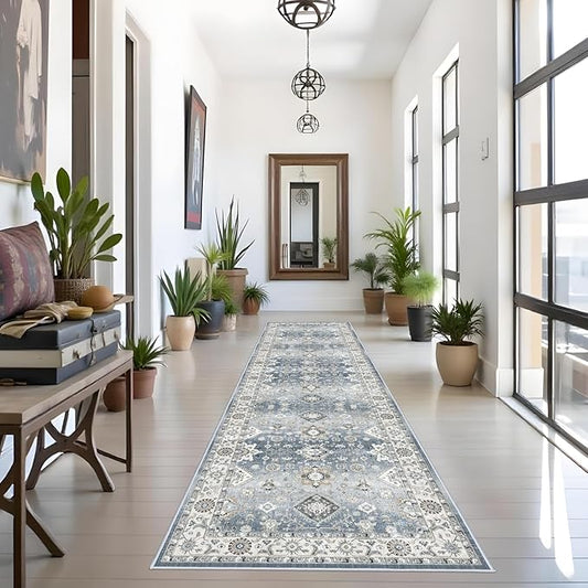 3x12 Washable Hallway Runner Rug: Oriental Long Ultra Soft Runners for Kitchen Entry Thin Non Slip Bathroom Nursery Floor Mat Water Resistant Low Pile 12ft Carpet for Living Room Bedroom (Grey,3x12)