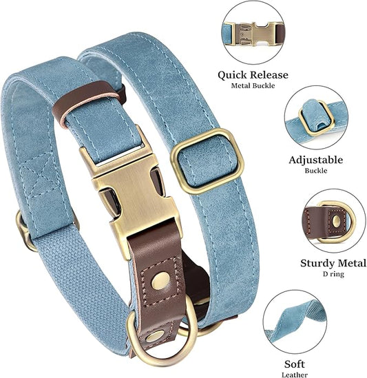 Didog Soft PU Leather Dog Collar for Large Dogs,Classic Adjustable Dog Collars with Quick Release Metal Buckle,Easy Clean and Comfortable with Nylon Lining,Denim Blue,L Neck 16-23"