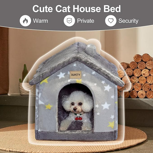 JIUPETY Cute Small Dog House Indoor, Foldable House Kennel Bed Mat with Cushion, L Size Dog Tent for 15-20 lb Dogs and 18-22 lb Cats, Dog Cave Bed with Non-Slip Bottom, Grey