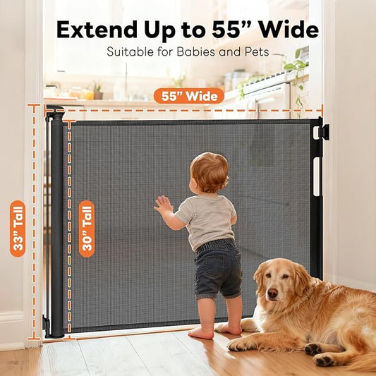 Retractable Baby Gates for Doorways, Mesh Dog Gate for Stairs, Pet Gate Indoor, Extends to 55" Wide 33" Tall, Safety Toddlers Gates for Hallways, Indoor & Outdoor Use, Black
