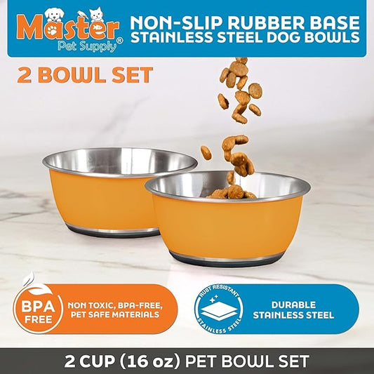 Master Pet Supply Stainless Steel Dog Bowls Set of 2 (16 Oz Each) with Non-Slip Rubber Base - Mango Tango - Basic Dog Food Bowl Water & Food Bowls for Small Medium Large Dogs & Cats, Metal Dish