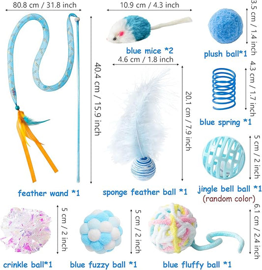 MALLMALL6 Cat Toy Set Interactive Cat Toys 11Pcs Pack with Foldable Tunnel, Feather Teaser Wand, Springs, Mice, Crinkle Balls & Pet Bell Balls - Puzzle Toys for Indoor Cats - Gift (Blue)