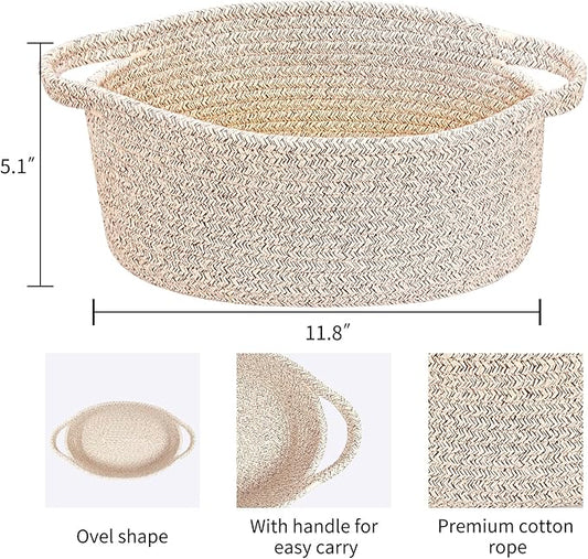 ABenkle Small Woven Basket 12"x 8"x 5" - Rope Room Shelf Storage, Cat Dog Toys Chest Box, Decorative Empty Gift With Handles - All Mixed Brown