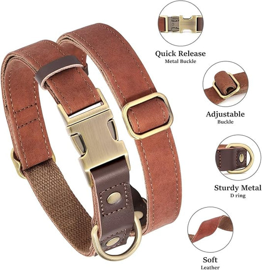 Didog Soft PU Leather Dog Collars for Medium Dogs,Classic Adjustable Dog Collars with Quick Release Metal Buckle,Easy Clean and Comfortable with Nylon Lining,Reddish Brown,M Neck 14-19"