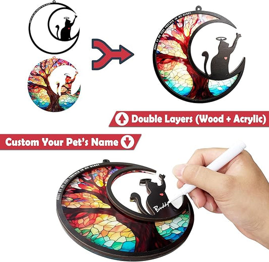 BamLue Pet Memorial Suncatcher for Window Decoration Ornament, Cat Memorial Gifts Loss of Sympathy for Pet Lover Cat Sun Catchers, Double-Layer DIY Life Tree of Loss of Sympathy Memories Gift