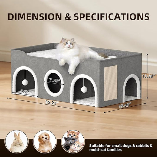 Top Bed Three Rooms Cat Condos,All-in-1 Extra-Wide Cat House for Indoor,Multi Cats Puppy Family, Large Cat Cave for Pet House with Fluffy Ball Hanging and Scratch Pad, Foldable Hideaway