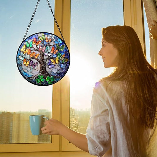 Stained Glass Window Hanging, Butterfly Tree Clover Sun Catchers Glass Panel Blue Suncatcher Decor for Birthday for Women, Men, Wife, Aunt, and Mom 6.3 in