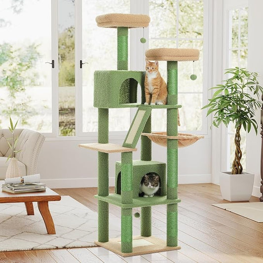 PEQULTI 71'' Cat Tree for Indoor Cats with Big Hammock, Tall Cat Tower for Large Cats with 2 Cat Condo, 2 Soft Top Perch, Scratching Posts and Pad, Green