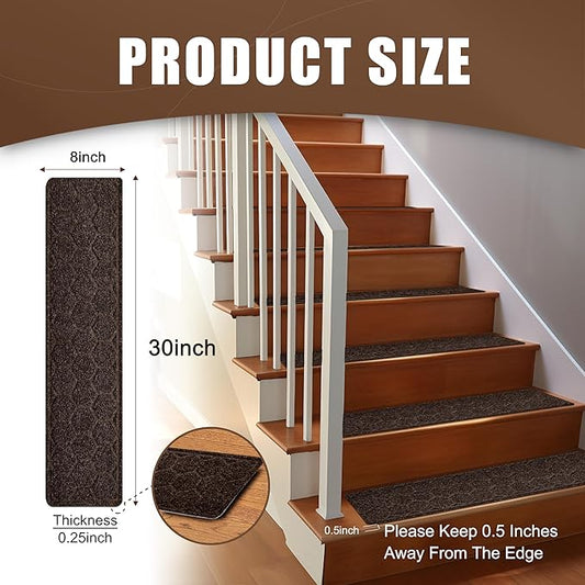 15 Pack 8 "X 30" Non-Slip Carpet Stair Treads for Indoor Wooden Steps, Made of Polyester and Reusable Adhesive, Suitable for Kids Elders and Pets(Brown Hexagon)