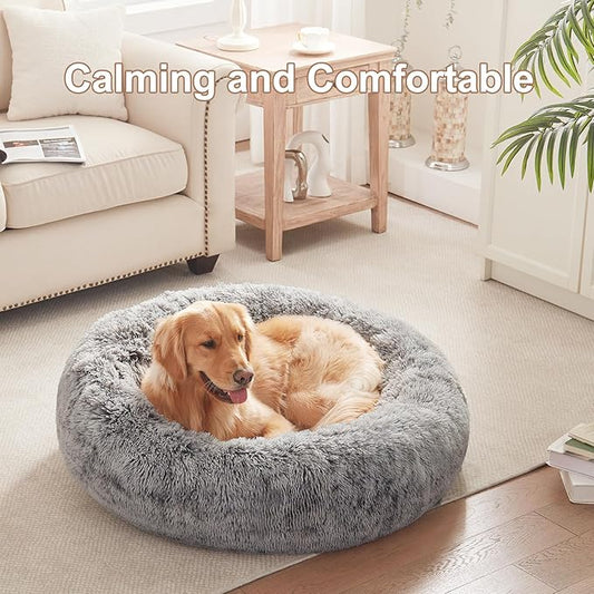 36 inches Donut Dog Bed for Large Dogs - Calming Fluffy Round Pet Bed with Removable & Washable Cover,Fits up to 80 lbs Pets (Dark Grey,Large)