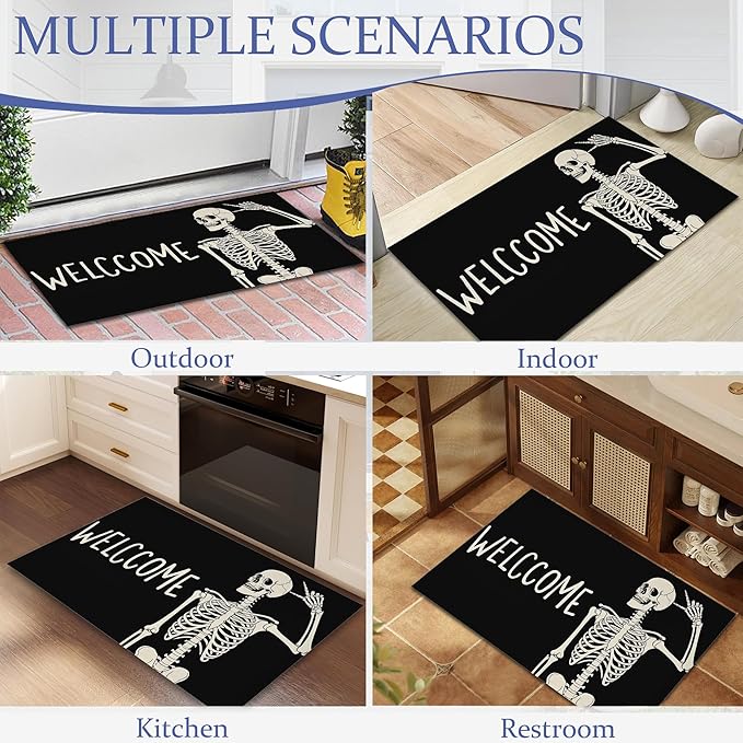 Indoor Rugs for Entryway,Gothic Skeleton Welcome Mat for Home,Halloween Skull Low Profile Entrance Rugs Non-Slip Doormats for Back Door Patio, Porch,Home Stairway,30 x 17 Inch