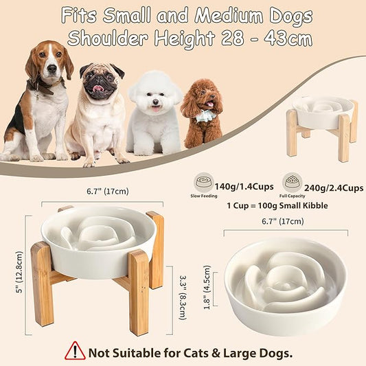 Elevated Slow Feeder Dog Bowl - Ceramic Maze Food Dish with Bamboo Stand - Raised Feeding Bowl for Fast Eaters - Ideal for Small and Medium Dogs - Milky White - 6.7 inch