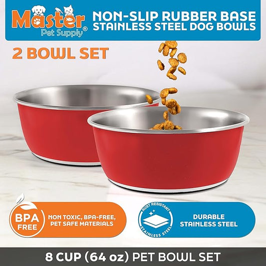 Master Pet Supply Stainless Steel Dog Bowls Set of 2 (64 Oz Each) with Non-Slip Rubber Base - Crimson Flame - Basic Dog Food Bowl Water & Food Bowls for Small Medium Large Dogs & Cats, Metal Dish