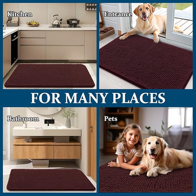 OLANLY Dog Door Mat for Muddy Paws 30x17, Absorbs Moisture and Dirt, Absorbent Non-Slip Washable Doormat, Quick Dry Chenille Mud Mat for Dogs, Entry Indoor Entryway Carpet for Inside Floor, Russet