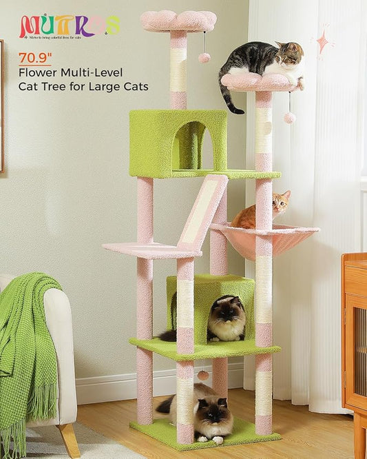 MUTTROS Flower Cat Tree, 70.9-inch Tall Cat Tower in Blossom Pink with 2 Condos & Large Hammock, Whimsical Cat Activity Center with Pom Poms for Indoor Cats