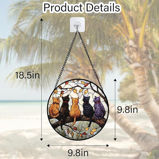 Stained Glass Window Hanging - 5 Cats on a Branch Suncatcher for Window Doors Home Decoration and Christmas, Mother's Day Father's Day Birthday Gifts for Women, Men, and Mom 9.8x9.8 in