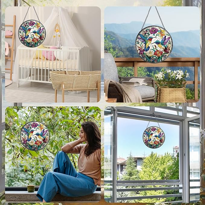 Hummingbird Stained Glass Window Hanging, 7.8″ Sun Catchers with Hook Indoor Window Decor, Decorative Suncatchers Home Garden Art Gift for Bird Lovers Thanksgiving Christmas Housewarming