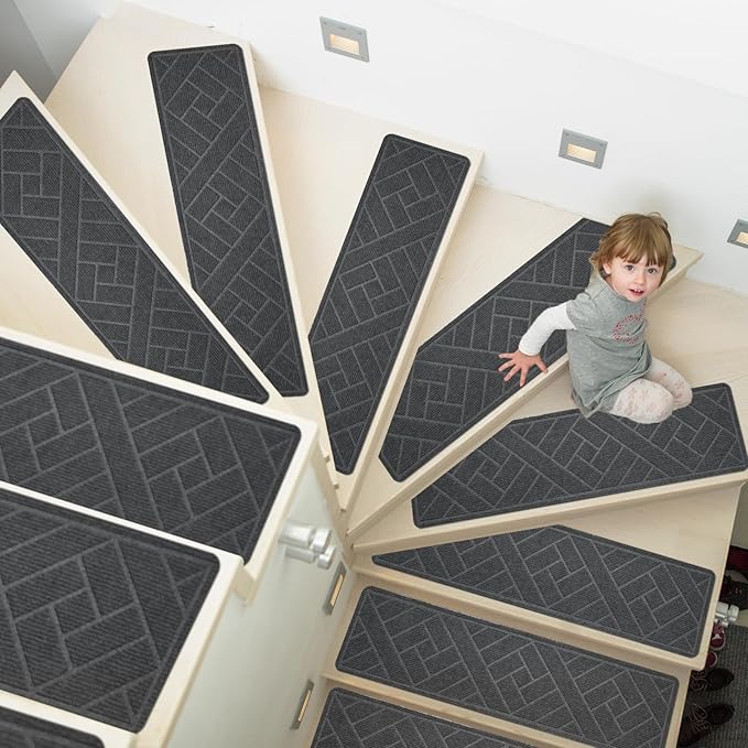 15 Pack 8 "X 30" Non-Slip Carpet Stair Treads for Indoor Wooden Steps, Made of Polyester and Reusable Adhesive, Suitable for Kids Elders and Pets(Grey Lines)