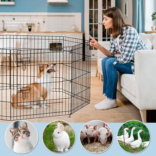 Foldable Metal Wire Dog Pen Pet Playpen Dog Fence Indoor Exercise Pen Enclosure Indoor Outdoor with Bottom Pad and Top Cover (Black 24 top Bottom Cover)