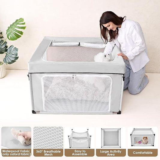 EHEYCIGA 42x42x26 Inches Puppy Playpen with Top Cover for Dogs & Cats Indoor or Outdoor - Dog Playpen with Door, Dog Fence for Small Animal with Heavy-Duty Oxford & Steel Frame, Sliver Grey
