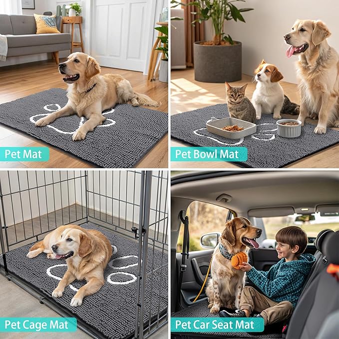 Smiry 2 Piece Dog Door Mat for Muddy Paws, Absorbent Dirt Trapper Non Slip Quick Dry Washable Chenille Mat for Mud Dogs, Entry Rug for Indoor and Outdoor (30x20 Inches, Dark Grey)
