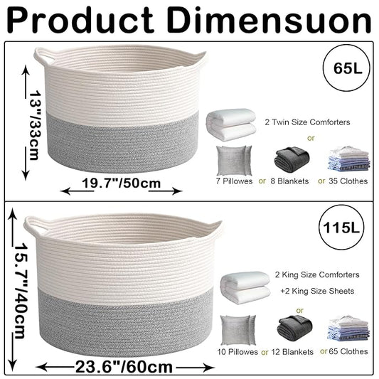 65L Large Blanket Basket,19.7" L x 19.7" W x 13" H Rope Woven Baskets with Handles, Toys Storage Bins,Laundry Basket Perfect for Living Room, Nursery,Bedroom,Home Organization,White&Grey