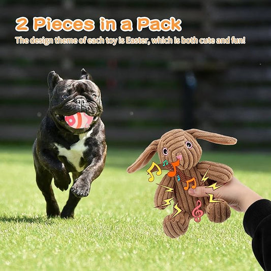 Rypet Stuffed Dog Toys Easter Rabbit Dog Toy, Squeaker Plush Dogs Toy with Crinkle Paper, Interactive Durable Puppy Chew Toy Pet Easter Toy with Egg for Small and Medium Dogs