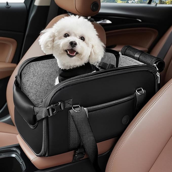 YUDODO 2-12lbs Center Console Dog Car Seat, Anti-Slip Pet Cat Booster Seat for Small Dogs, Portable Puppy Bed Carseat Carrier PU Leather Black