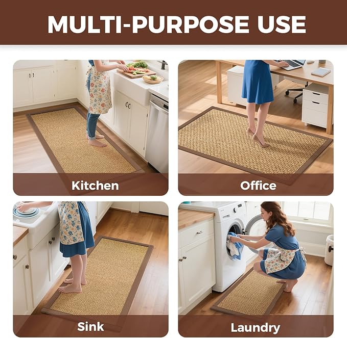 Anti Fatigue Kitchen Rugs Mat Non Slip Washable, 0.4" Thick Soft Cushioned Absorbent Kitchen Mats for Floor, Jute-Like Woven Laundry Standing Mats Sink Mat, Easy Clean Care, Brown 17"x30"