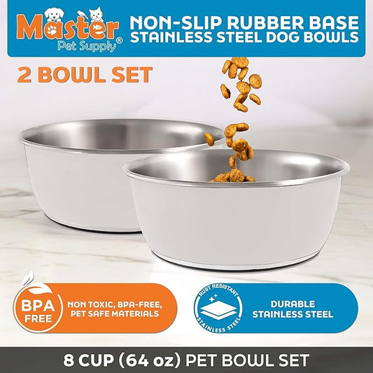 Master Pet Supply Stainless Steel Dog Bowls Set of 2 (64 Oz Each) with Non-Slip Rubber Base - Bone White - Basic Dog Food Bowl Water & Food Bowls for Small Medium Large Dogs & Cats, Metal Dish
