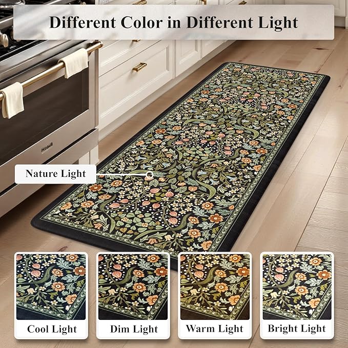 Collive Anti Fatigue Kitchen Mats, Cushioned Floral Kitchen Rugs Non Slip Waterproof Standing Mat, Black Vintage Comfort Desk Rug for Office, Sink, Laundry, 20"x39"